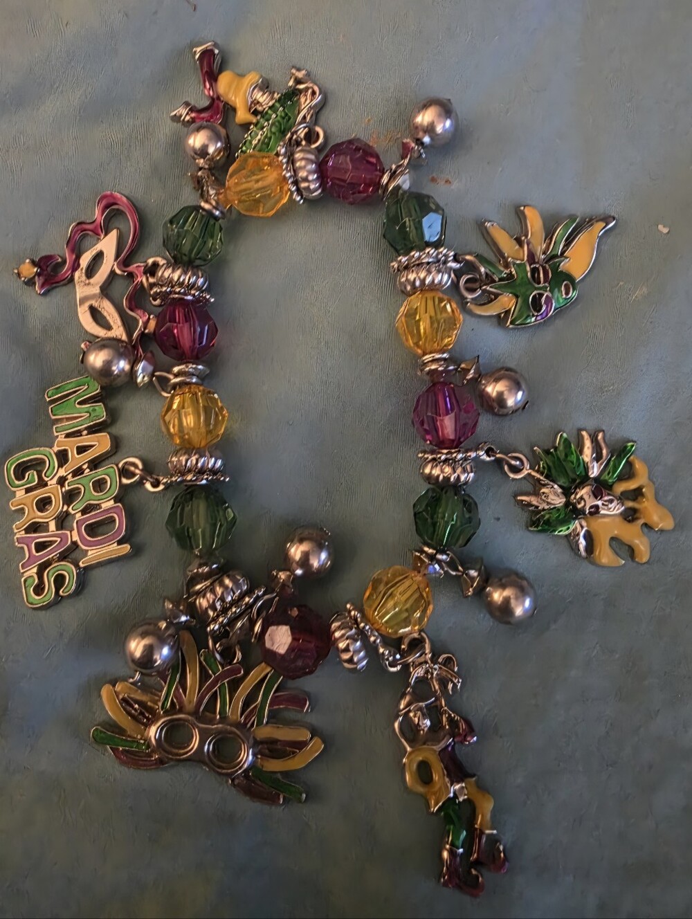 Handmade Mardi Gras Beaded Charm Bracelet - Green, Purple & Gold
